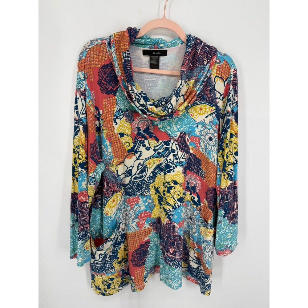 Ali Miles Tunic Top Women 1X Multi-Color Abstract Cowl Neck Pocket Long Sleeve